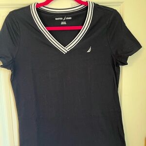 Nautica Black V-Neck Tee with Striped Collar